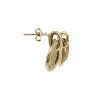 14KT Gold Earrings Medium Round Two Strand Open Center Dangling Interlocking White CZ Stones Rings with Plain Bar, Push Back Post, and Butterfly Backs