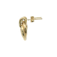 14KT Gold Earrings Medium Round Two Strand Open Center Dangling Interlocking Plain Rings with Plain Bar, Push Back Post, and Butterfly Backs