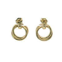 14KT Gold Earrings Medium Round Two Strand Open Center Dangling Interlocking Plain Rings with Plain Bar, Push Back Post, and Butterfly Backs