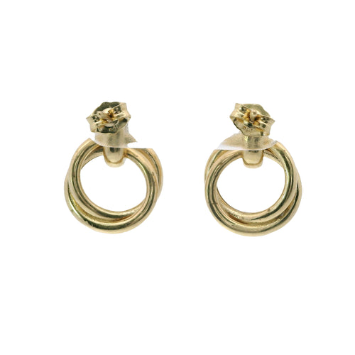 14KT Gold Earrings Medium Round Two Strand Open Center Dangling Interlocking Plain Rings with Plain Bar, Push Back Post, and Butterfly Backs