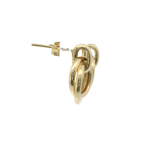 14KT Gold Earrings Medium Round Two Strand Open Center Dangling Interlocking Plain Rings with Plain Bar, Push Back Post, and Butterfly Backs