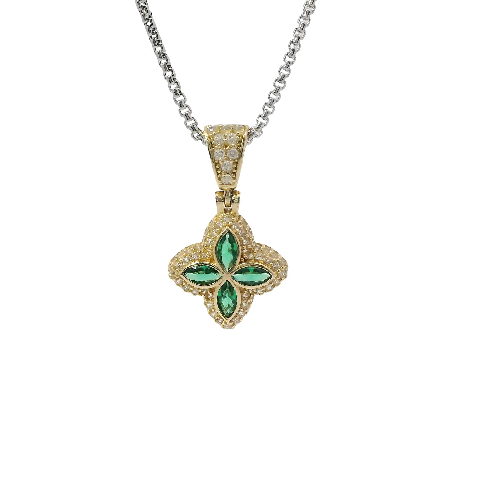 14KT Gold Charm Small 3D Four Marquise Petal Dark Green Flower with White CZ Stones Border and Bell
