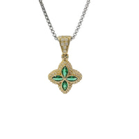 14KT Gold Charm Small 3D Four Marquise Petal Dark Green Flower with White CZ Stones Border and Bell