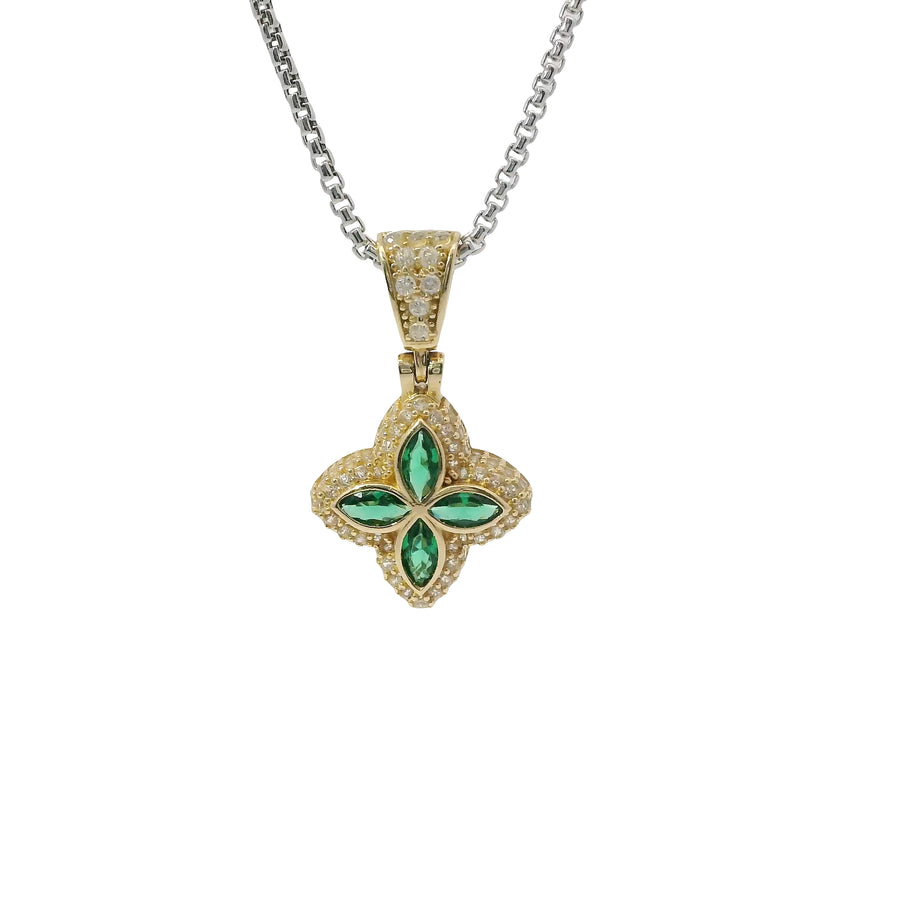 14KT Gold Charm Small 3D Four Marquise Petal Dark Green Flower with White CZ Stones Border and Bell