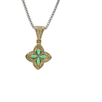 14KT Gold Charm Small 3D Four Marquise Petal Dark Green Flower with White CZ Stones Border and Bell