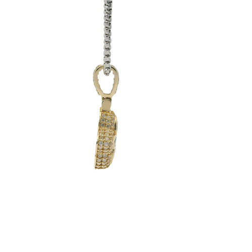 14KT Gold Charm Small 3D Four Marquise Petal Dark Green Flower with White CZ Stones Border and Bell