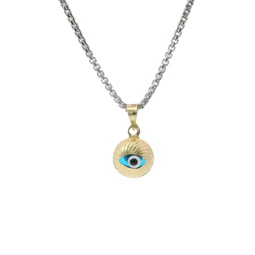 14KT Gold Charm Small 3D Round Turquoise Evil Eye with Plain Bell