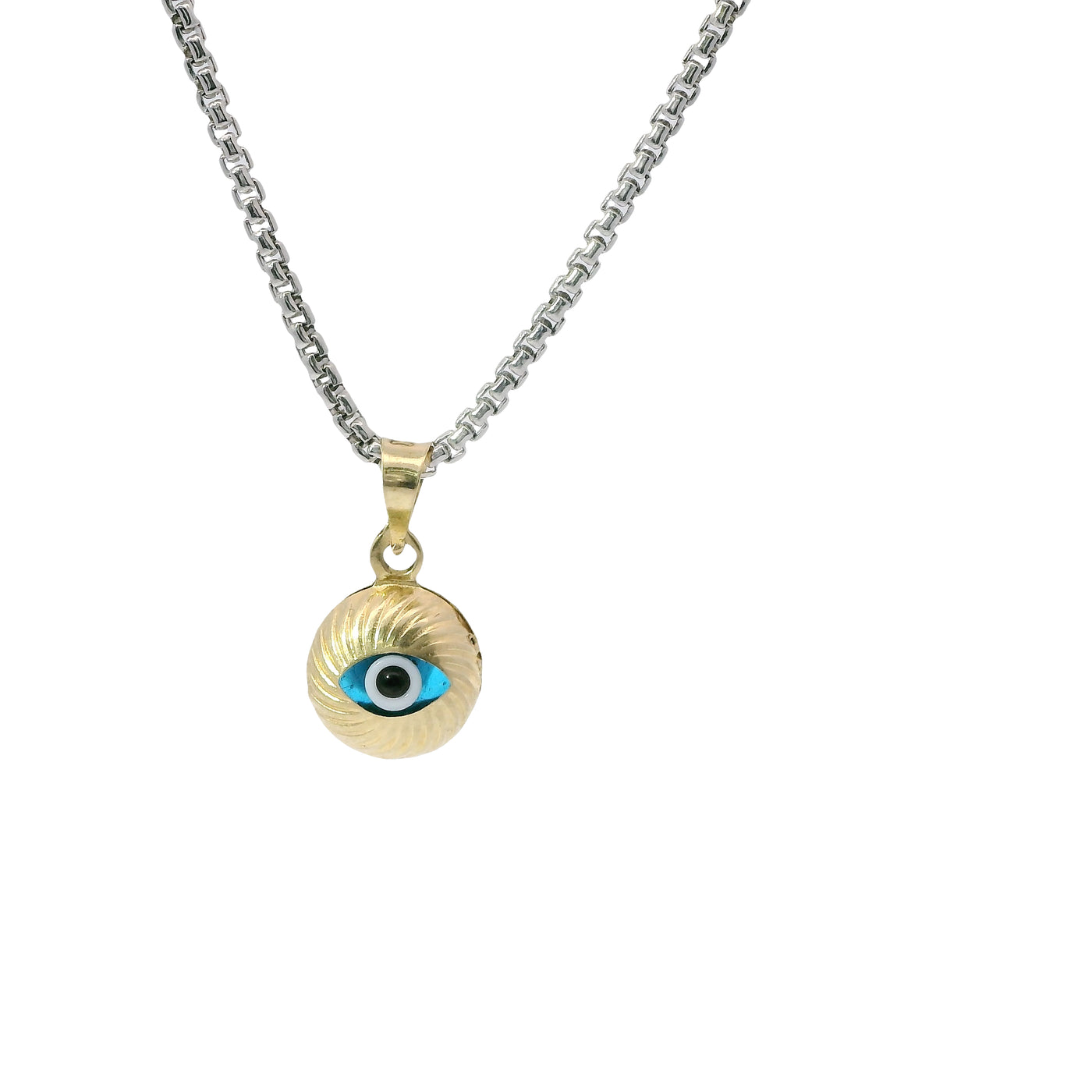 14KT Gold Charm Small 3D Round Turquoise Evil Eye with Plain Bell