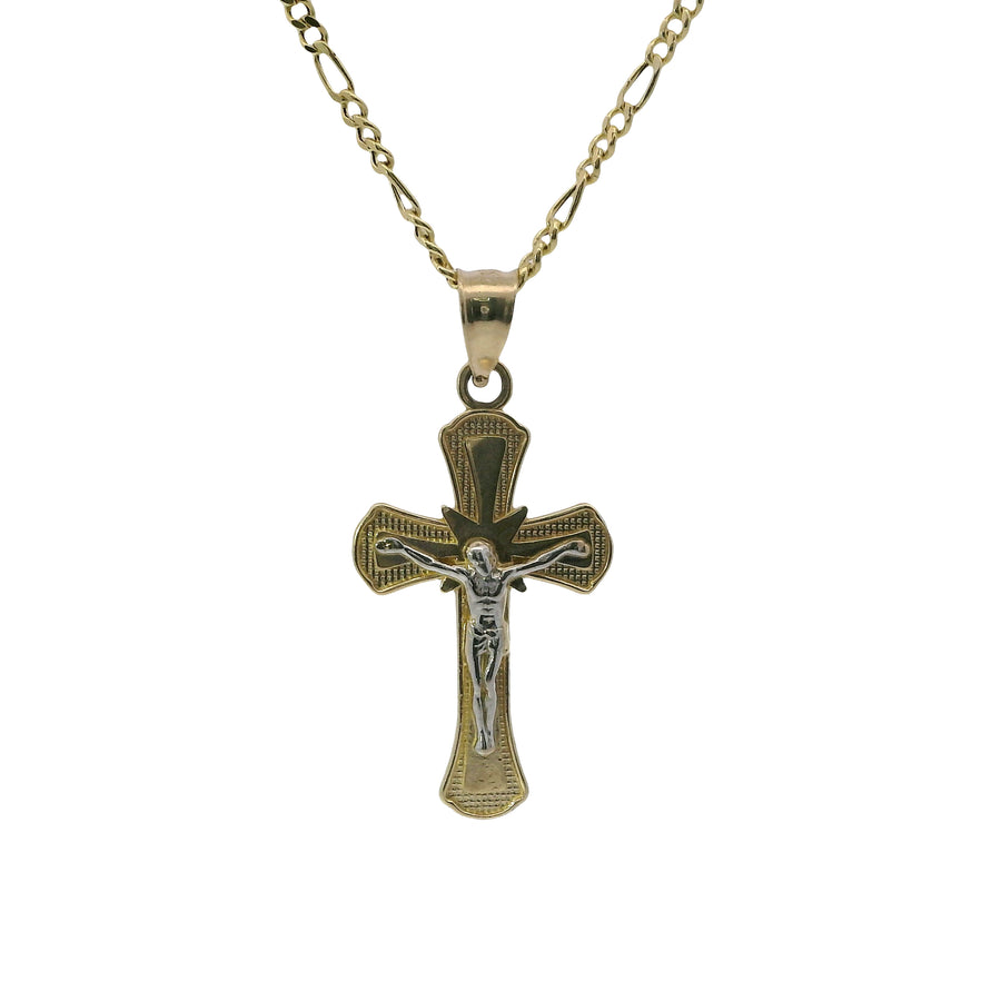 14KT Gold Charm Small Two Tone Bell Flare Ends Crucifix Cross with Plain Bell