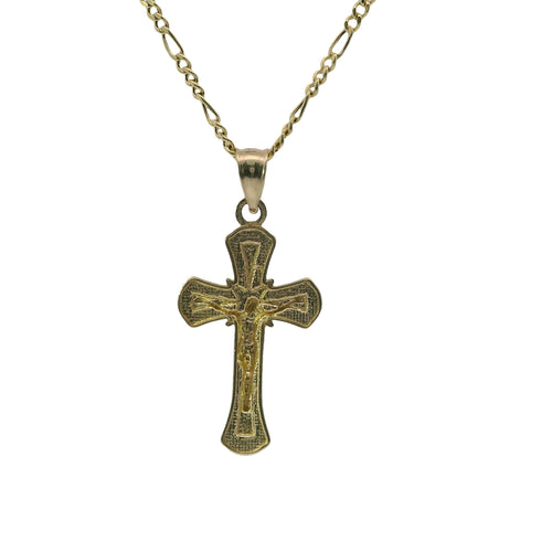 14KT Gold Charm Small Two Tone Bell Flare Ends Crucifix Cross with Plain Bell