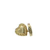 14KT Gold Earring Small Engravable Greek Border Heart with Push Back Post and Butterfly Backs