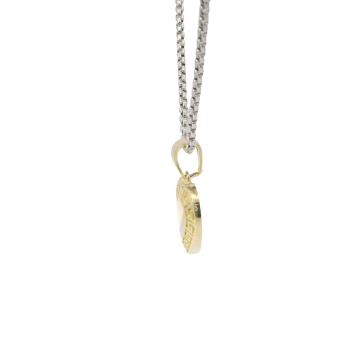 14KT Gold Charm Small Engravable Greek Border Heart with Plain Bell