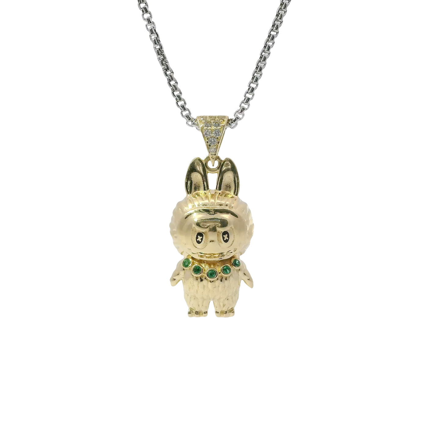 14KT Gold Charm Small 3D Diamond Cut LaBuBu Body, Dark Green CZ Stones Necklace, Black Enamel Eyes and White CZ Stones Bell