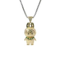 14KT Gold Charm Small 3D Diamond Cut LaBuBu Body, Dark Green CZ Stones Necklace, Black Enamel Eyes and White CZ Stones Bell