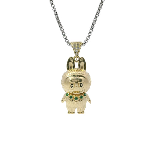 14KT Gold Charm Small 3D Diamond Cut LaBuBu Body, Dark Green CZ Stones Necklace, Black Enamel Eyes and White CZ Stones Bell