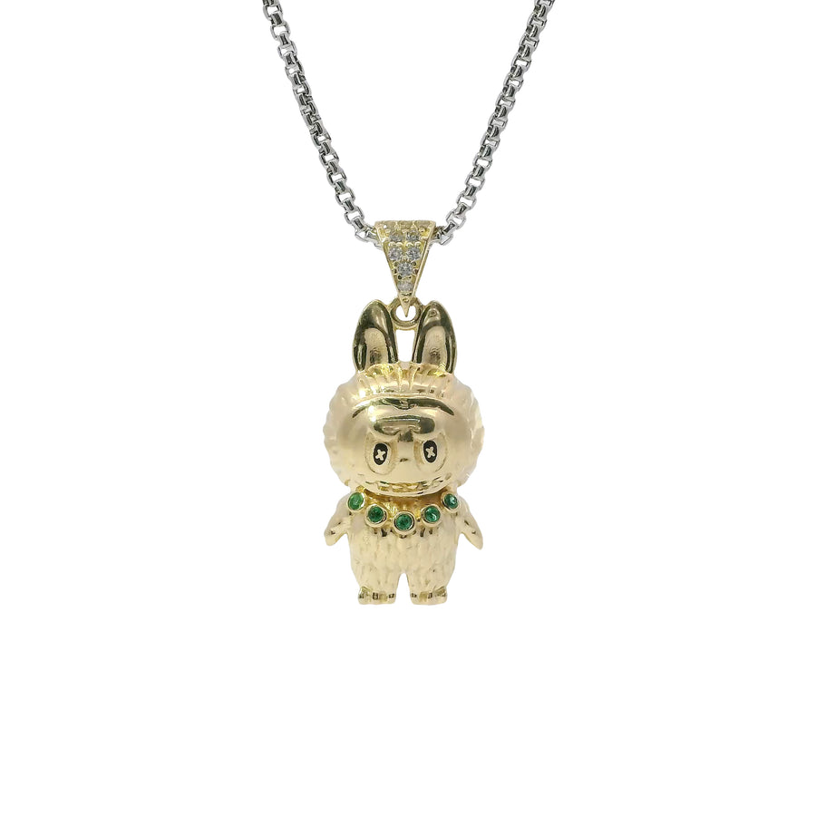 14KT Gold Charm Small 3D Diamond Cut LaBuBu Body, Dark Green CZ Stones Necklace, Black Enamel Eyes and White CZ Stones Bell