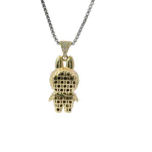 14KT Gold Charm Small 3D Diamond Cut LaBuBu Body, Dark Green CZ Stones Necklace, Black Enamel Eyes and White CZ Stones Bell