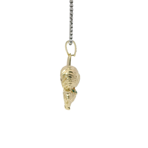 14KT Gold Charm Small 3D Diamond Cut LaBuBu Body, Dark Green CZ Stones Necklace, Black Enamel Eyes and White CZ Stones Bell