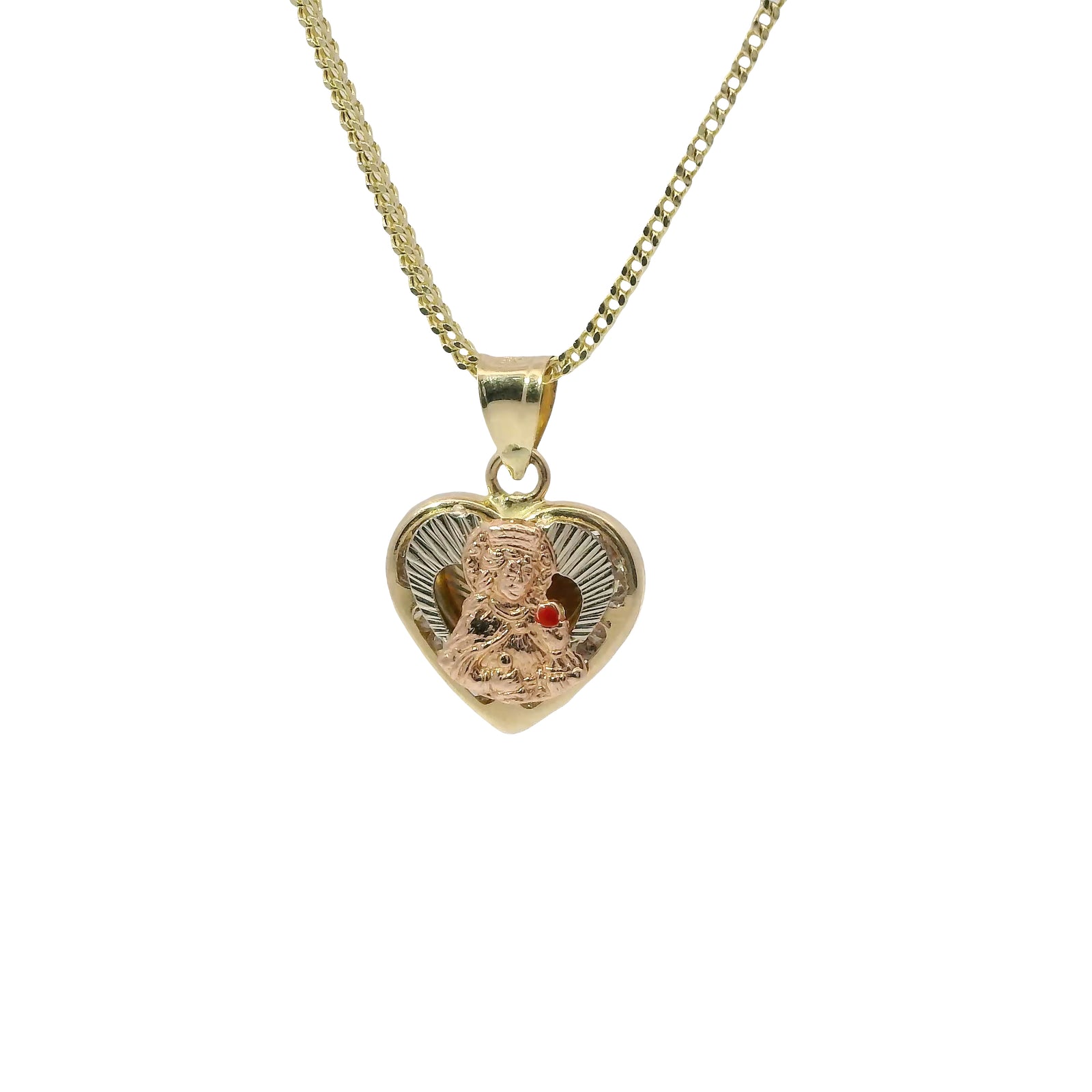 14KT Gold Charm Small Tri Tone St Clare Heart with Red Enamel Lantern and Plain Bell