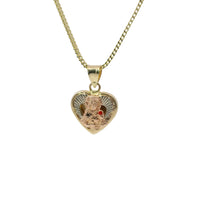 14KT Gold Charm Small Tri Tone St Clare Heart with Red Enamel Lantern and Plain Bell
