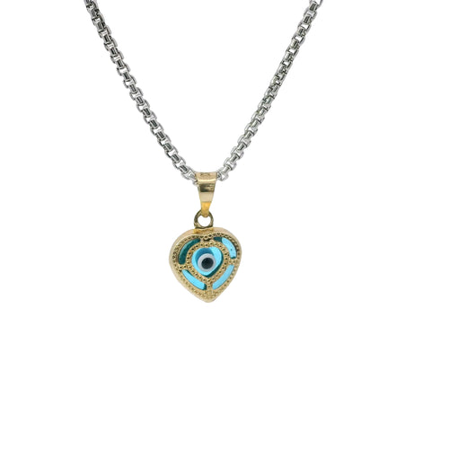 14KT Gold Charm Small 3D Turquoise Heart Evil Eye with Plain Bell
