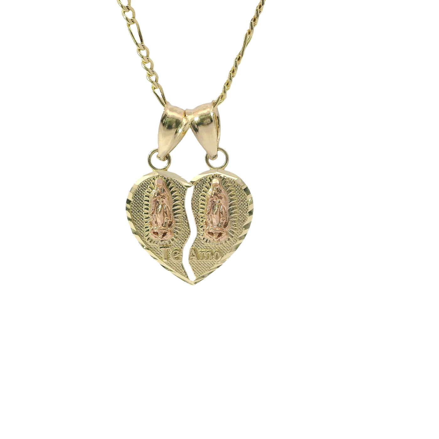 14KT Gold Charm Small Two Tone "Te Amo" Broken Heart with Left Virgin Mary and Right Virgin Mary with Diamond Cut Border and Double Plain Bell