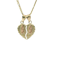 14KT Gold Charm Small Two Tone "Te Amo" Broken Heart with Left Virgin Mary and Right Virgin Mary with Diamond Cut Border and Double Plain Bell