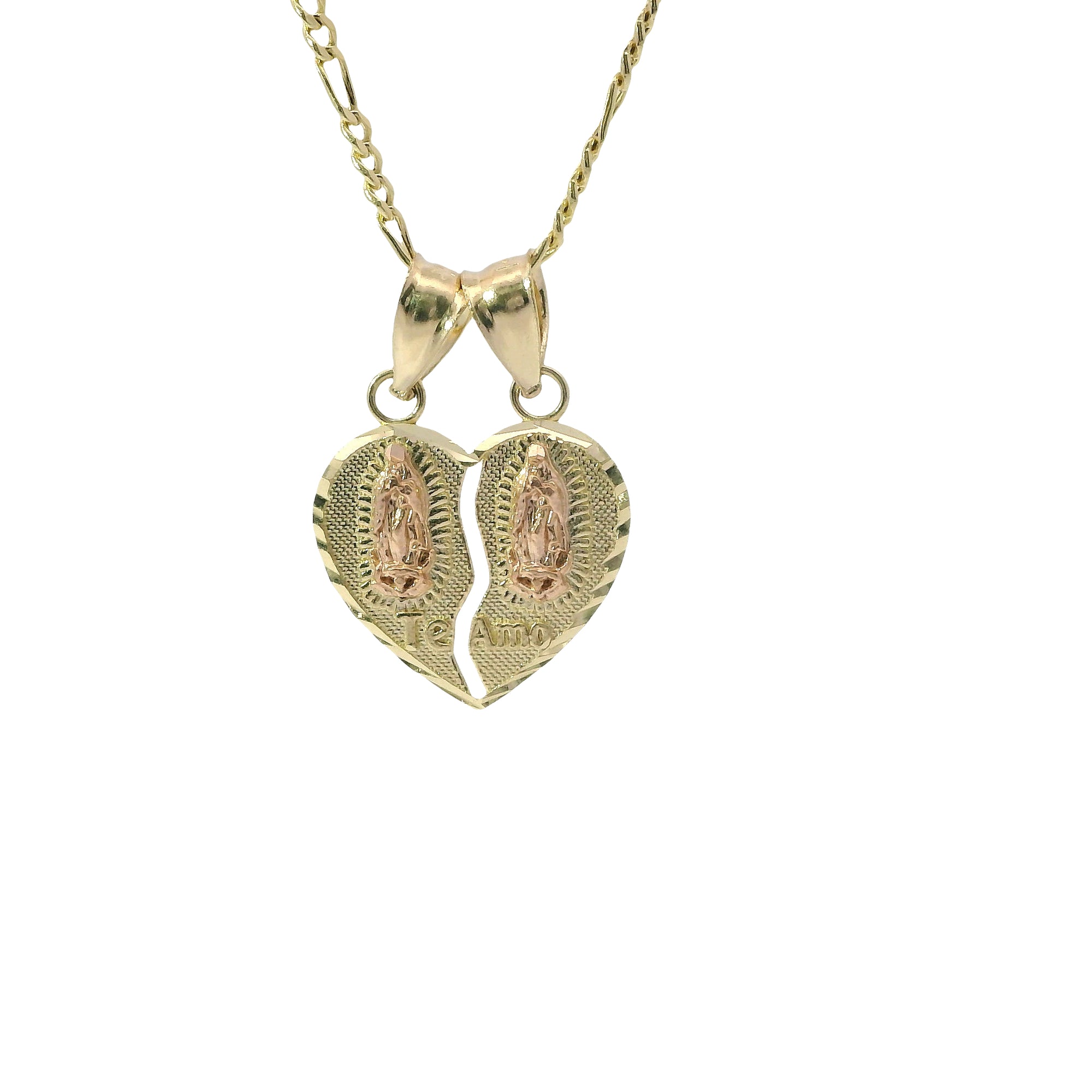 14KT Gold Charm Small Two Tone "Te Amo" Broken Heart with Left Virgin Mary and Right Virgin Mary with Diamond Cut Border and Double Plain Bell