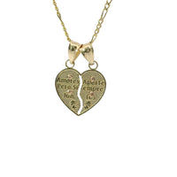 14KT Gold Charm Small Two Tone "Te Amo" Broken Heart with Left Virgin Mary and Right Virgin Mary with Diamond Cut Border and Double Plain Bell
