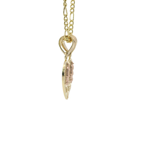 14KT Gold Charm Small Two Tone "Te Amo" Broken Heart with Left Virgin Mary and Right Virgin Mary with Diamond Cut Border and Double Plain Bell