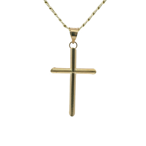 14KT Gold Charm Small Plain Hollow Tube Slant Ends Cross with Plain Bell