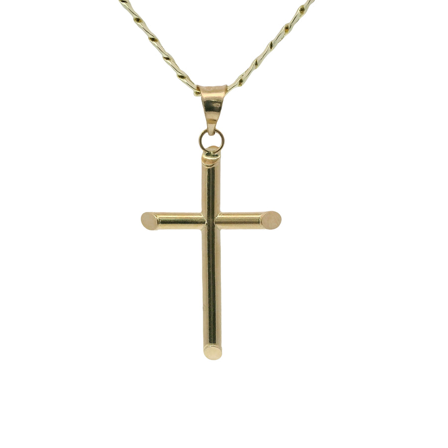 14KT Gold Charm Small Plain Hollow Tube Slant Ends Cross with Plain Bell