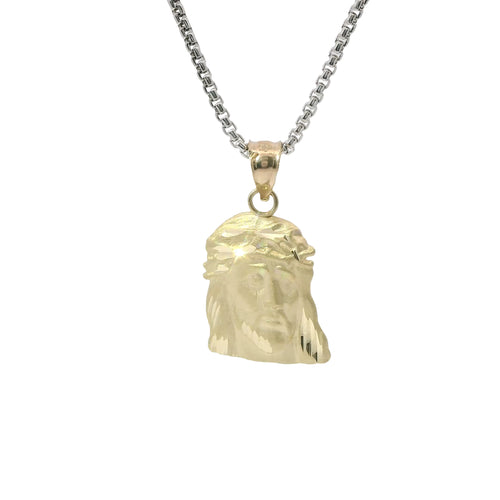 14KT Gold Charm Small Right Facing Jesus Head with Thorn Crown and Plain Bell