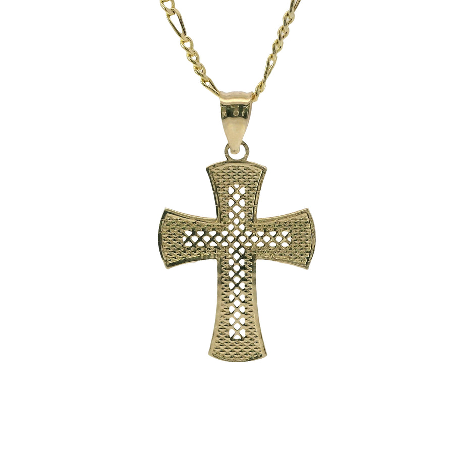 14KT Gold Charm Small Lattice Center Cross with Flare Ends and Plain Bell