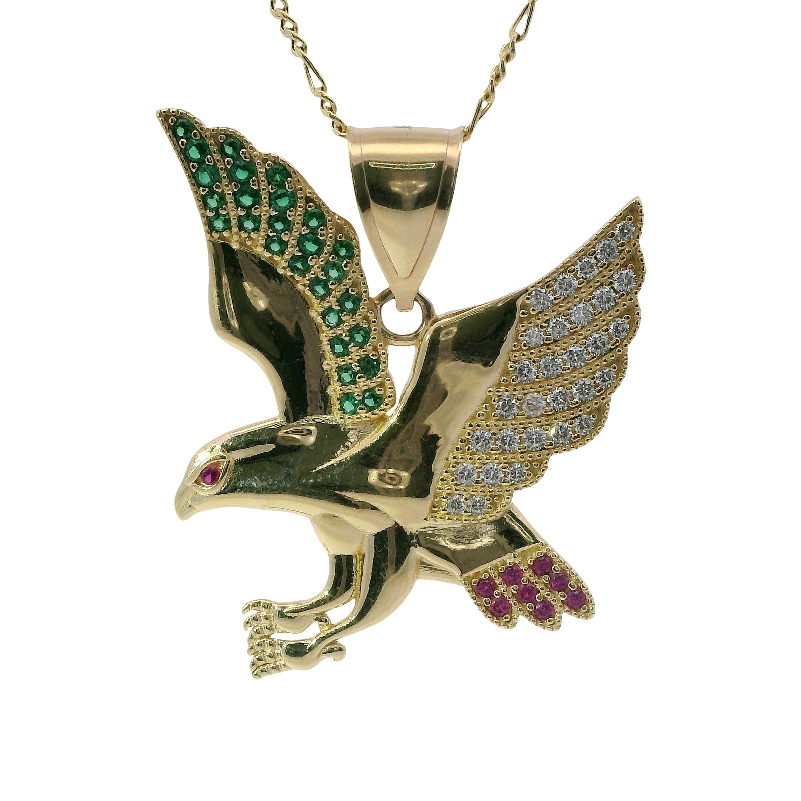 14KT Gold Charm Small Left Facing Soaring Eagle with Round White, Red, and Green CZ Stones Wings, Red CZ Stones Eye and Plain Bell