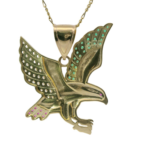 14KT Gold Charm Small Left Facing Soaring Eagle with Round White, Red, and Green CZ Stones Wings, Red CZ Stones Eye and Plain Bell