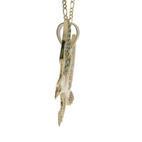 14KT Gold Charm Small Left Facing Soaring Eagle with Round White, Red, and Green CZ Stones Wings, Red CZ Stones Eye and Plain Bell