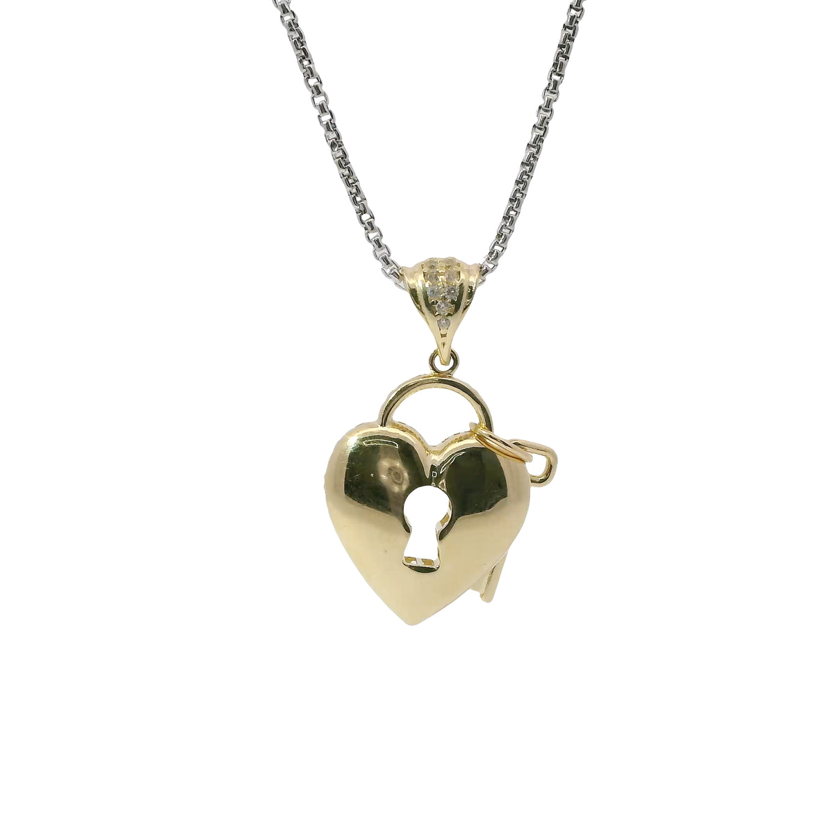 14KT Gold Charm Small Flat Back Lock and Key Puff Heart with White CZ Stones Edge and Bell