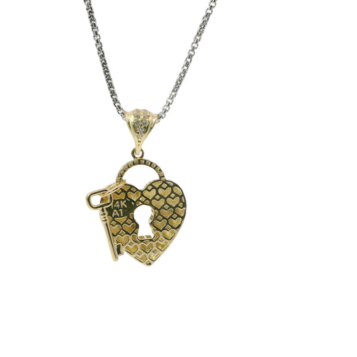 14KT Gold Charm Small Flat Back Lock and Key Puff Heart with White CZ Stones Edge and Bell