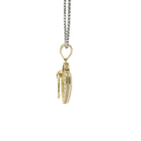 14KT Gold Charm Small Flat Back Lock and Key Puff Heart with White CZ Stones Edge and Bell