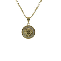 14KT Gold Charm Small Medusa Coin with White CZ Stones Border and Plain Bell