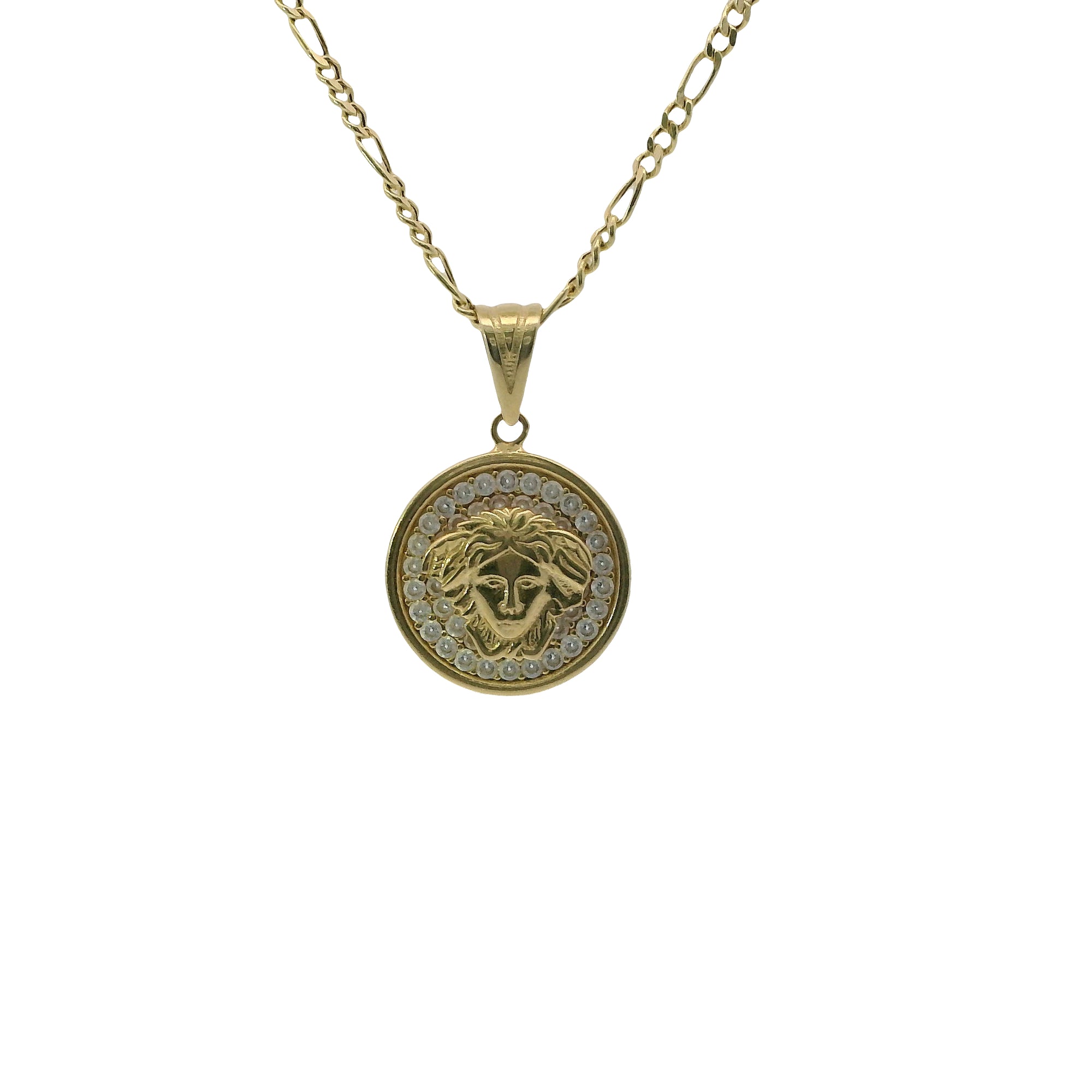 14KT Gold Charm Small Medusa Coin with White CZ Stones Border and Plain Bell