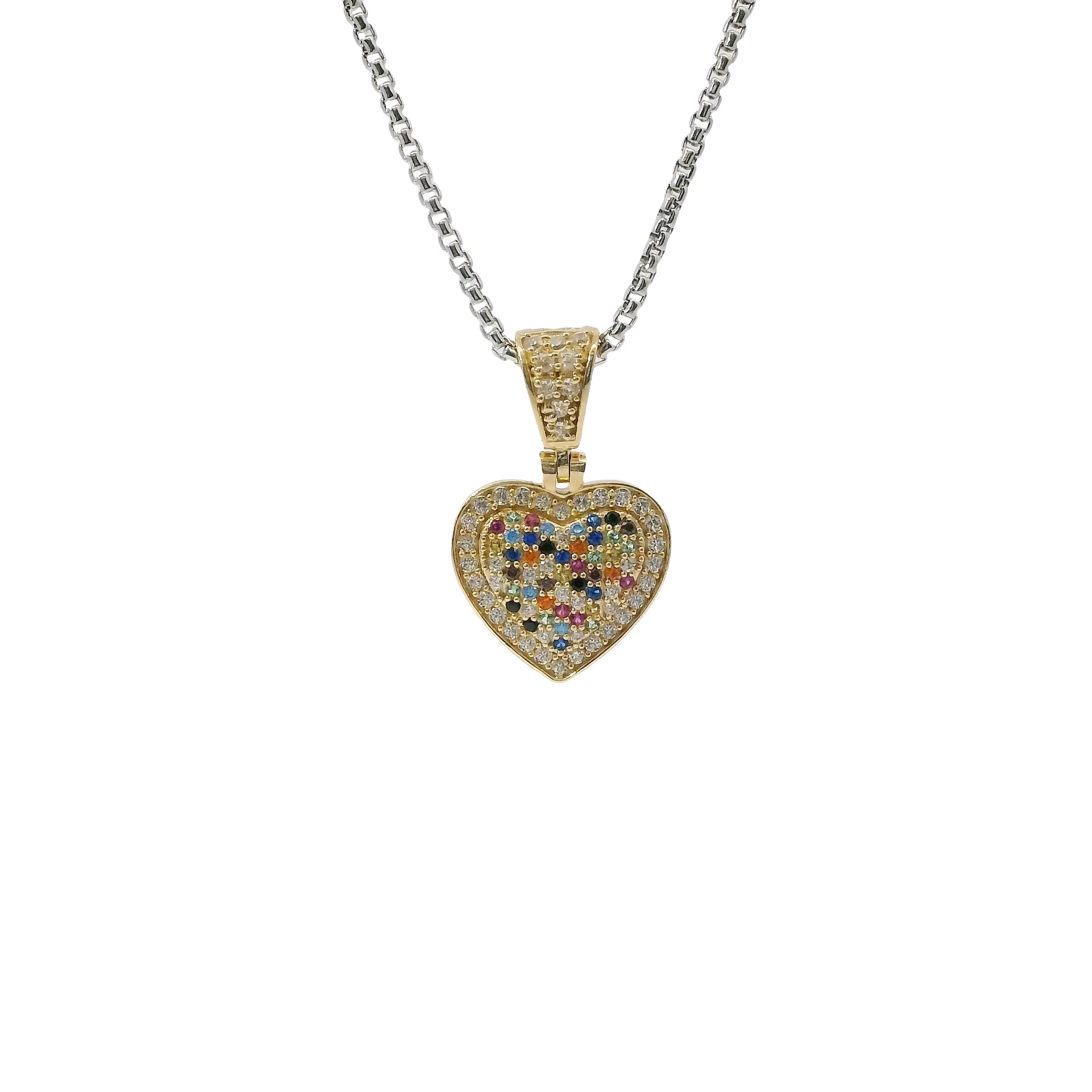 14KT Gold Charm Small 3D Multi Color CZ Stones Heart with White CZ Stones Border and Bell