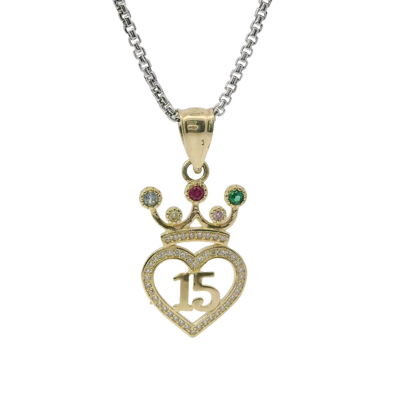 14KT Gold Charm Small Quinceanera "15" White CZ Stones Heart Outline with Multi Color Crown and Plain Bell