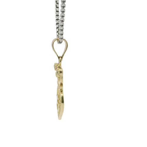 14KT Gold Charm Small Quinceanera "15" White CZ Stones Heart Outline with Multi Color Crown and Plain Bell