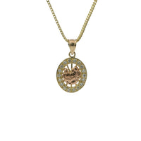 14KT Gold Charm Small Oval Two Tone Communion Open Stripe Center with White CZ Stones Border and Plain Bell