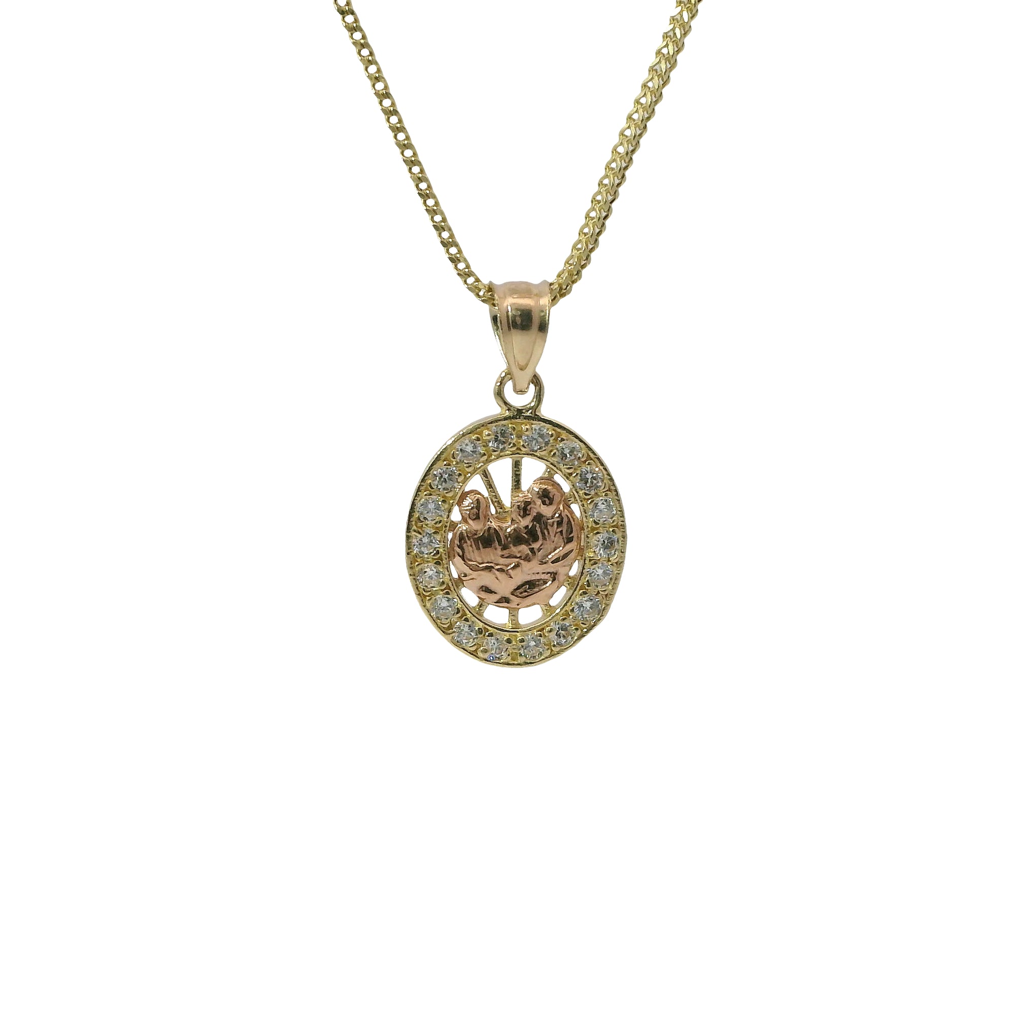 14KT Gold Charm Small Oval Two Tone Communion Open Stripe Center with White CZ Stones Border and Plain Bell