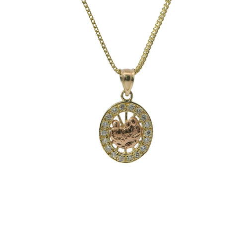 14KT Gold Charm Small Oval Two Tone Communion Open Stripe Center with White CZ Stones Border and Plain Bell
