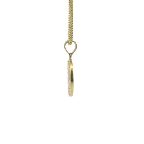 14KT Gold Charm Small Oval Two Tone Communion Open Stripe Center with White CZ Stones Border and Plain Bell