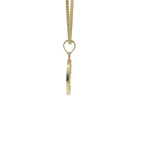 14KT Gold Charm Small Oval Two Tone Communion Open Stripe Center with White CZ Stones Border and Plain Bell